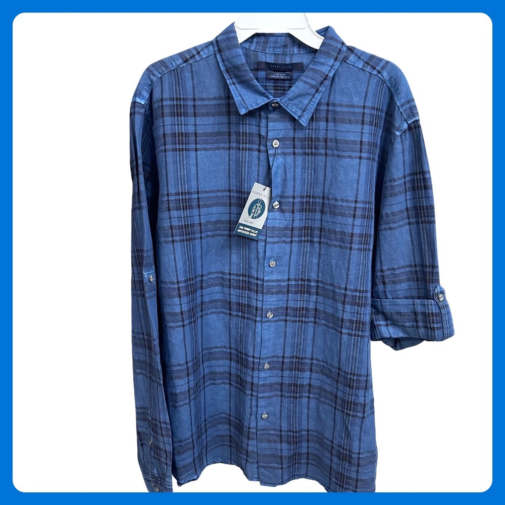 New‎ w/Tags Perry Ellis Men's Blue Plaid Linen Blend Untucked Button Down Shirt